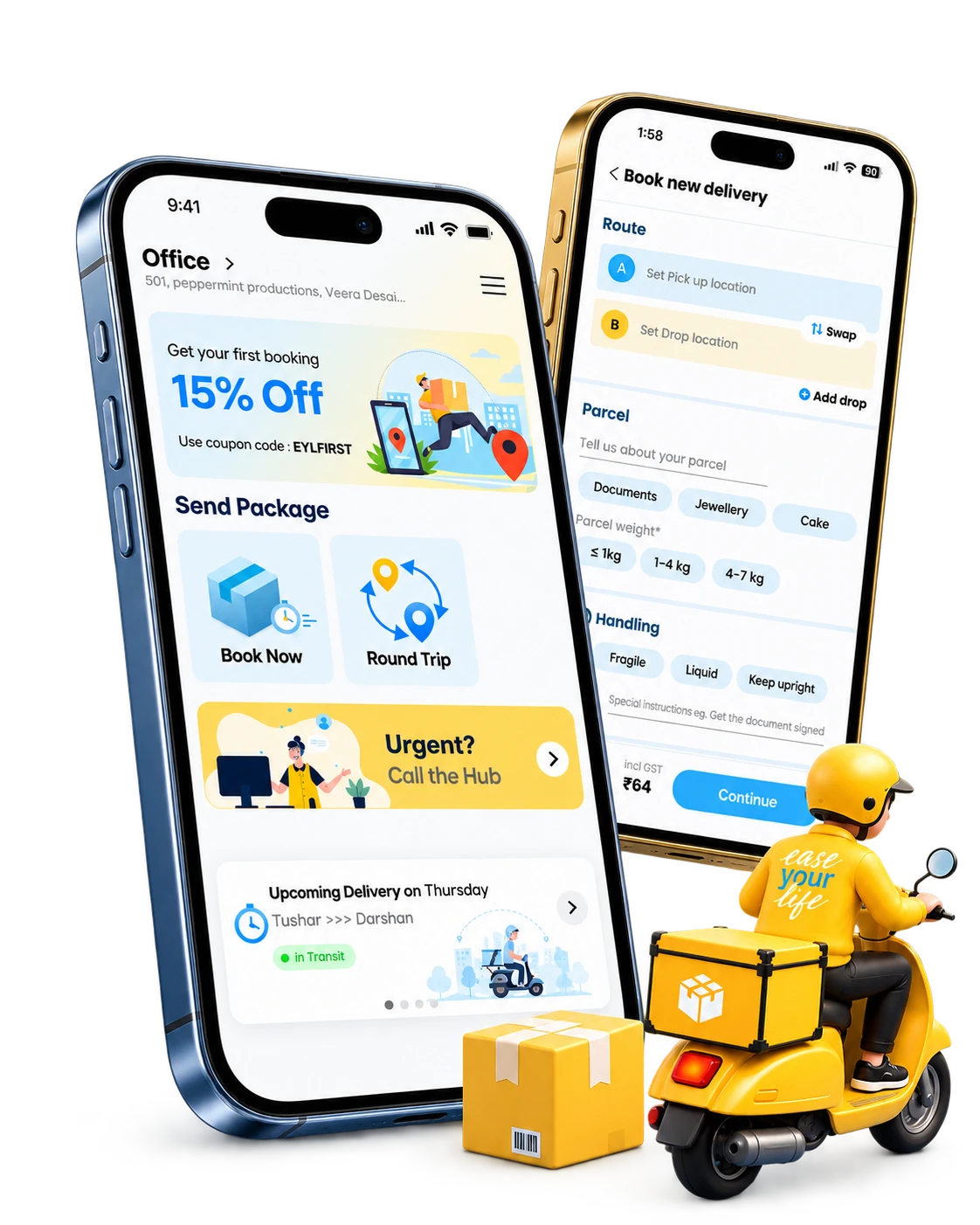 Ease Your Life home and booking screens on two angled phones, with our yellow delivery scooter